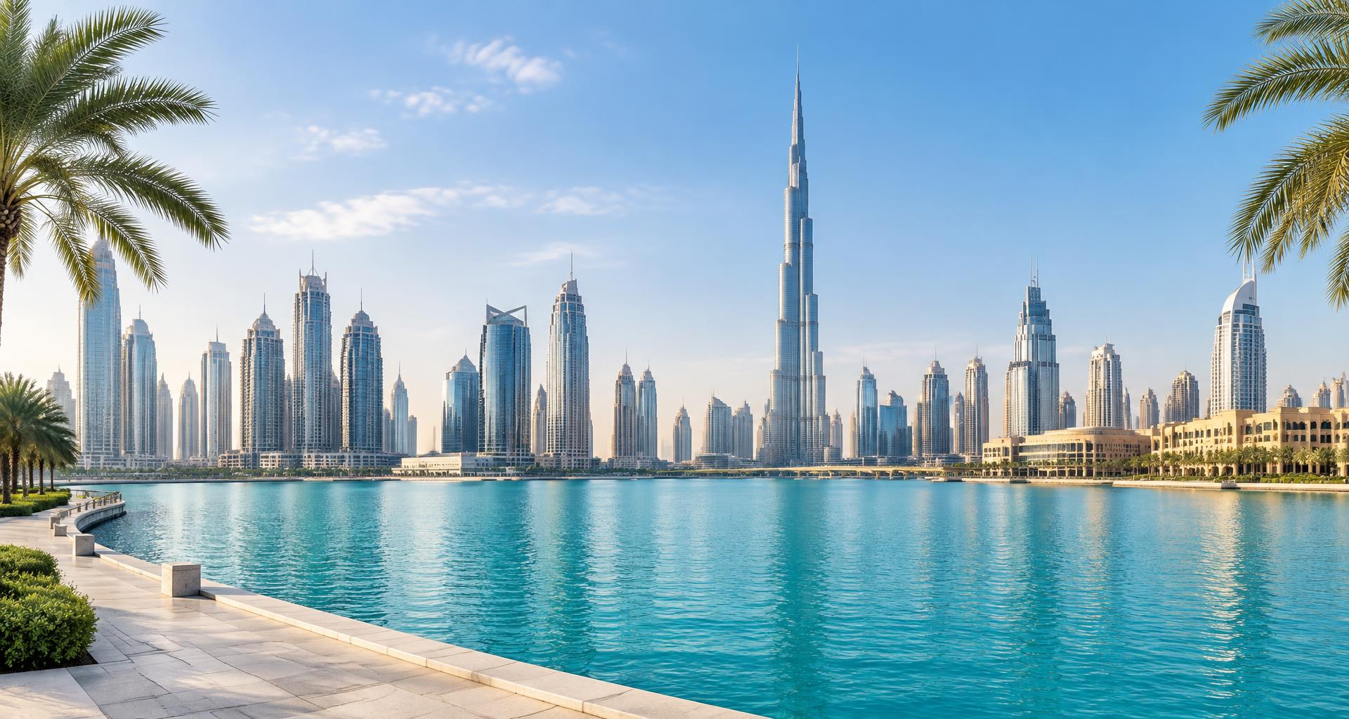 Dubai skyline and turquoise waterfront framed by palms